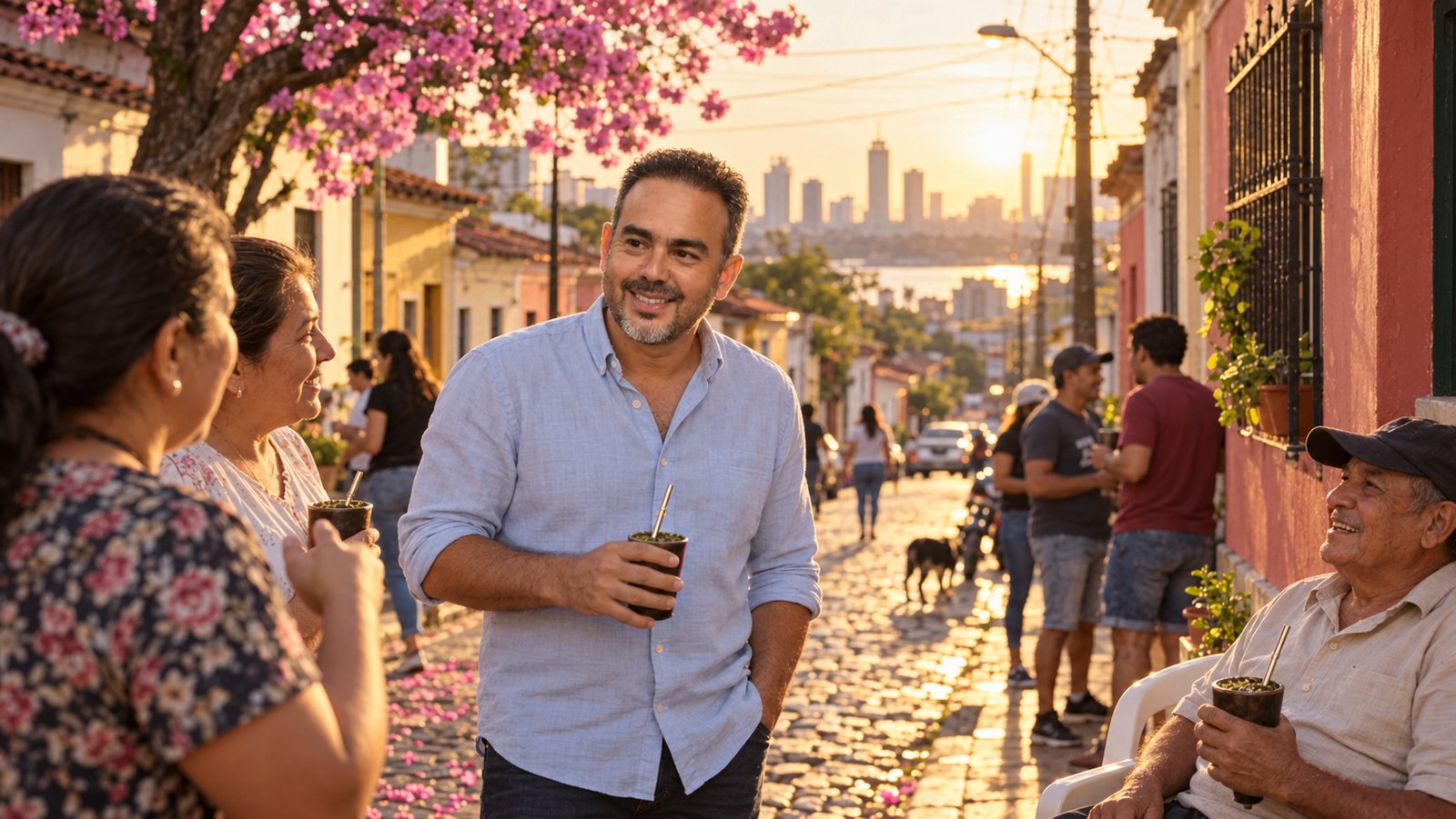 Nasser Esgaib tomando tereré con vecinos en una calle de barrio al atardecer